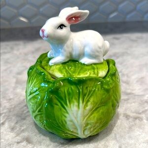 White and Green Rabbit on Cabbage Figurine